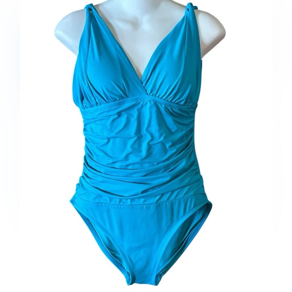 Liz Claiborne Women’s Size 10 Turquoise One Piece Swimsuit Wide Straps &Ruching